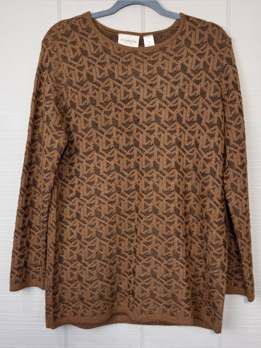 Vintage Liz Claiborne Brown 3D Knit Long Sleeve Sweater Glitter Size M